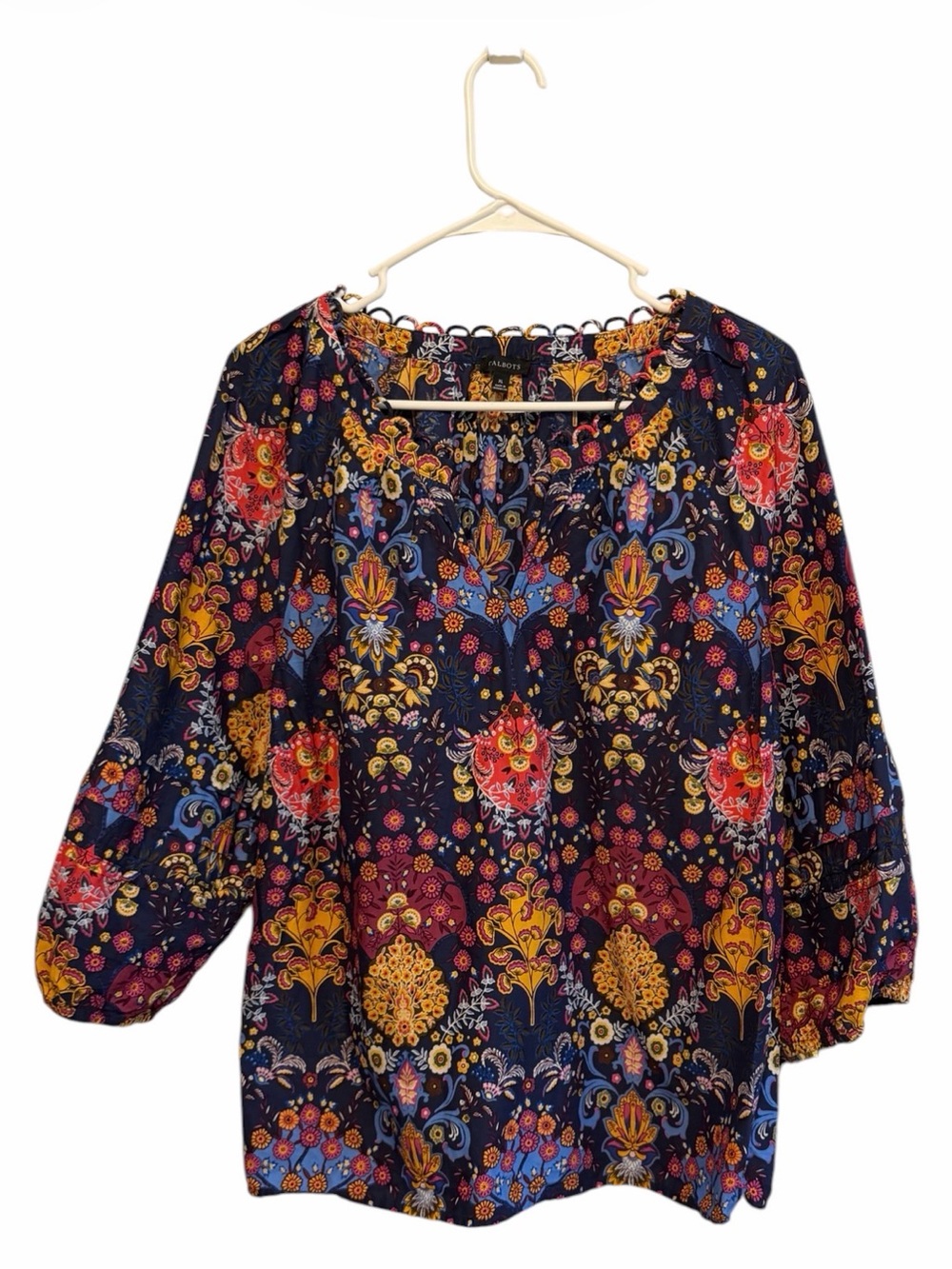 Talbots Womens Navy Floral Peasant Blouse - Multicolor Print